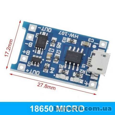 Контроллер заряда TP4056 Micro USB 1A 18650 для литиевых LI-ION аккуму