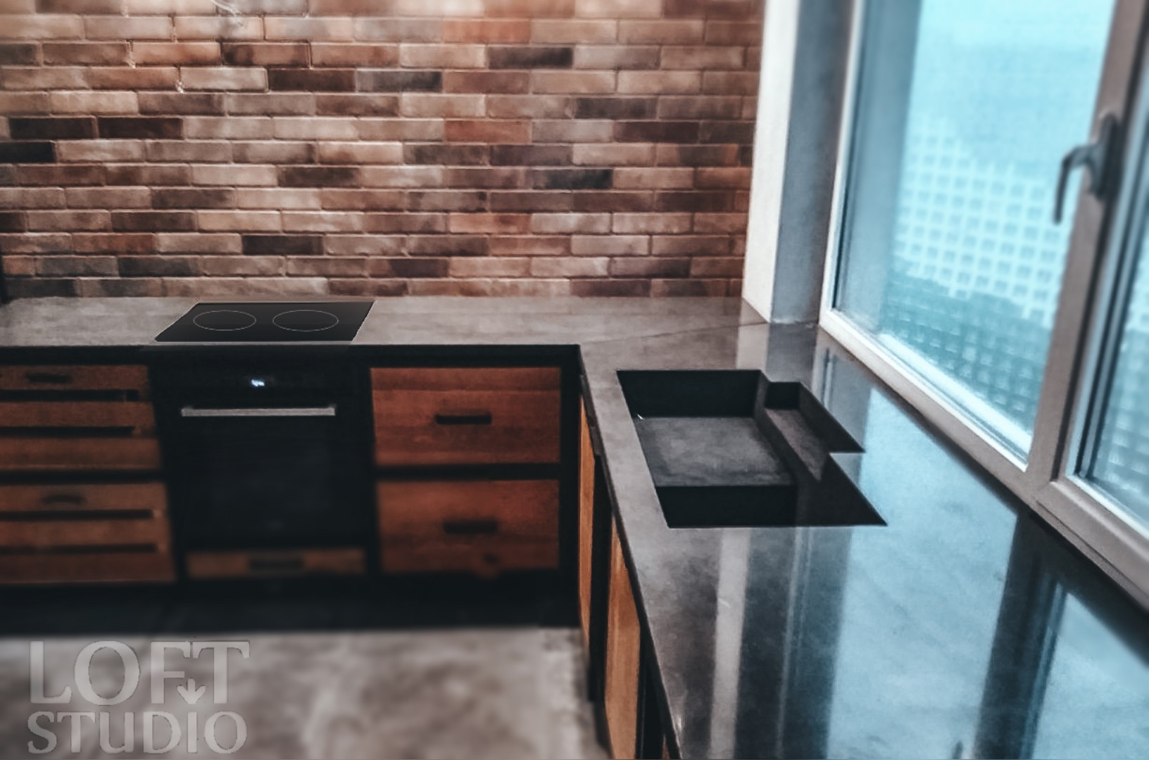 Бетонная кухня черная глянцевая цельная мат