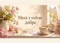 Гарні слова коханому: дві чашки кави, записка й польові квіти на підвіконні