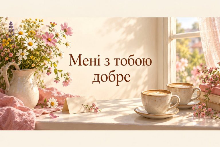 Гарні слова коханому: дві чашки кави, записка й польові квіти на підвіконні