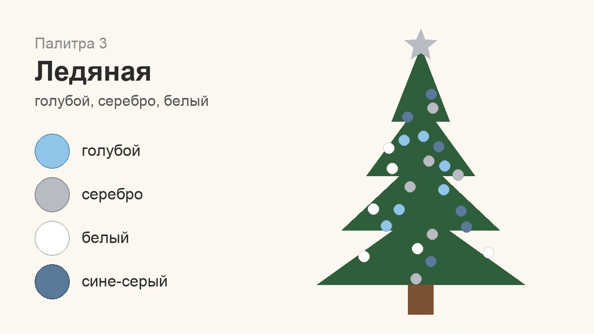Ледяная палитра для ёлки: голубой, серебро, белый и сине-серый