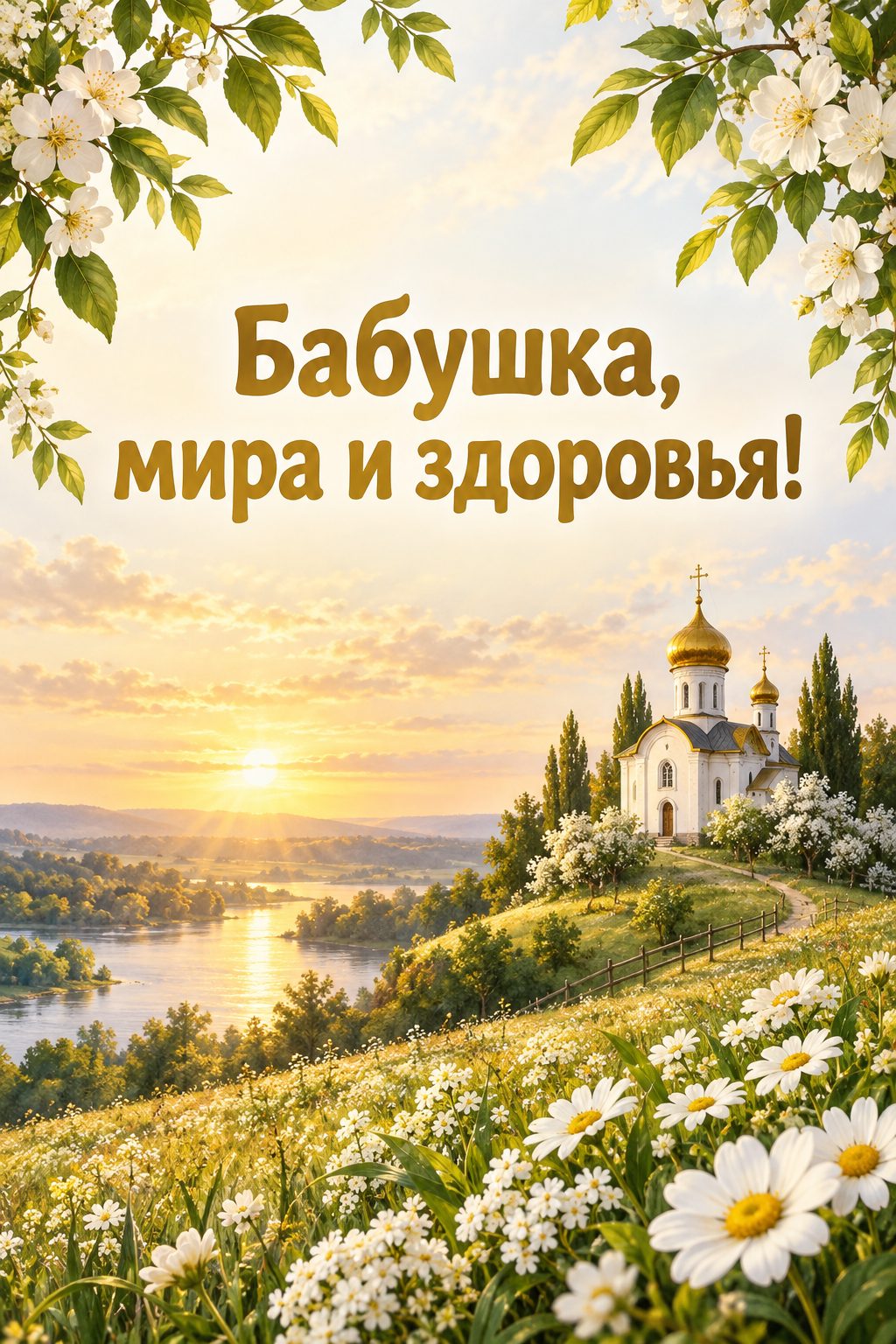 Христианская открытка с днём рождения: сельская церковь на холме среди цветущих полей, надпись «Бабушка, мира и здоровья!»