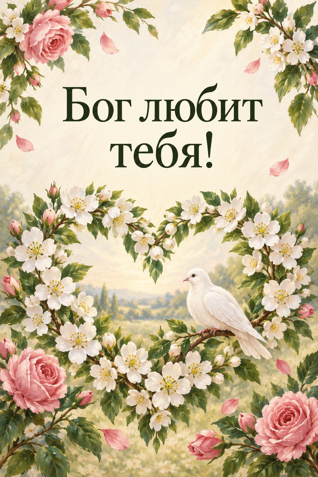 Христианская открытка с днём рождения: сердце из белых цветов и голубь на ветке, надпись «Бог любит тебя!»
