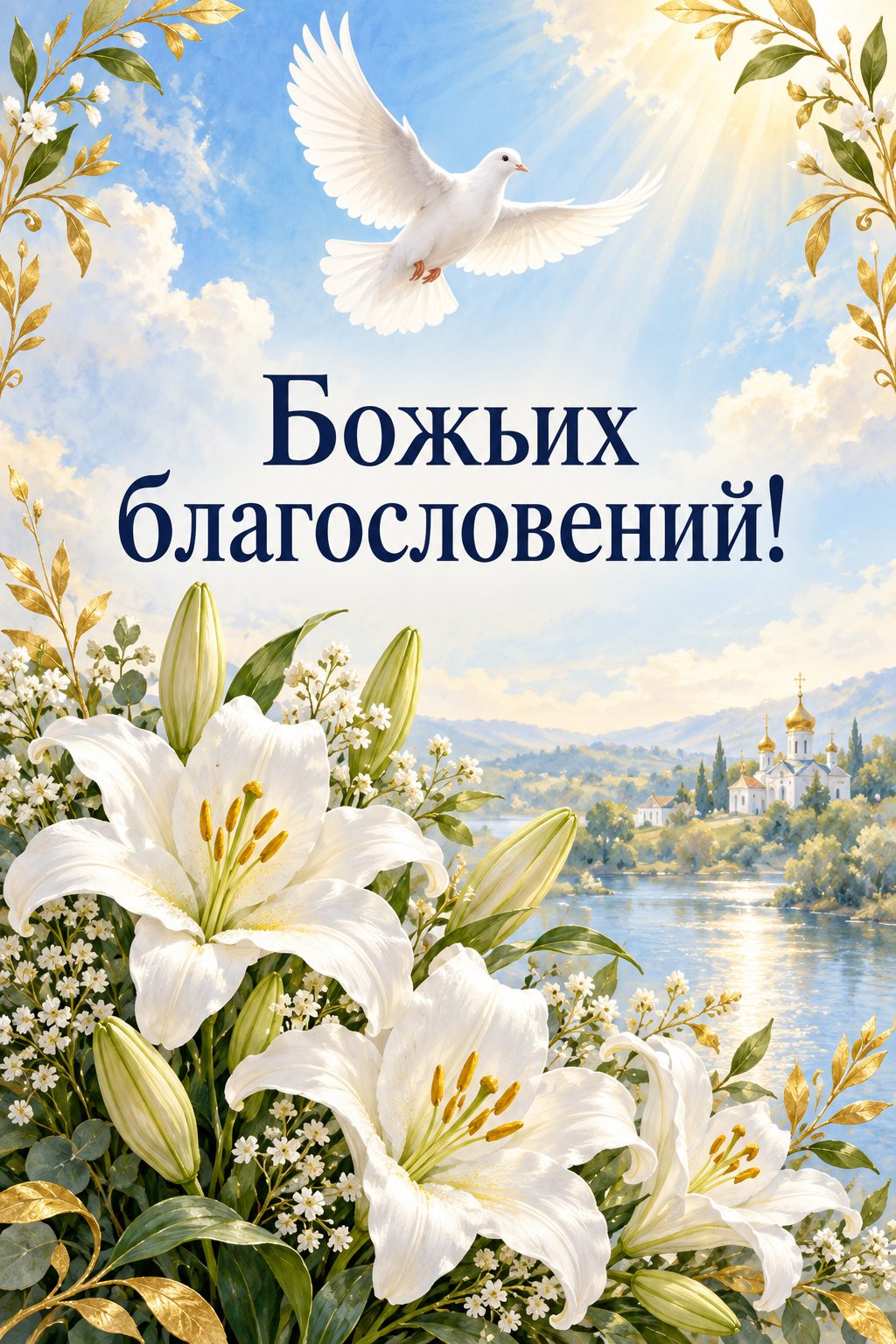 Христианская открытка с днём рождения: белый голубь над букетом белых лилий, надпись «Божьих благословений!»