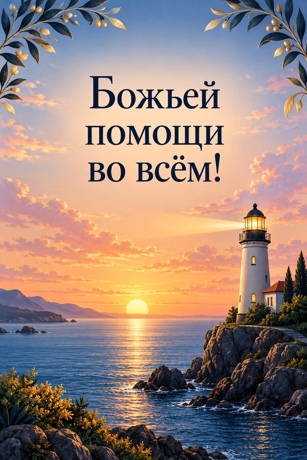 Христианская открытка с днём рождения: маяк над спокойным морем на рассвете, надпись «Божьей помощи во всём!»