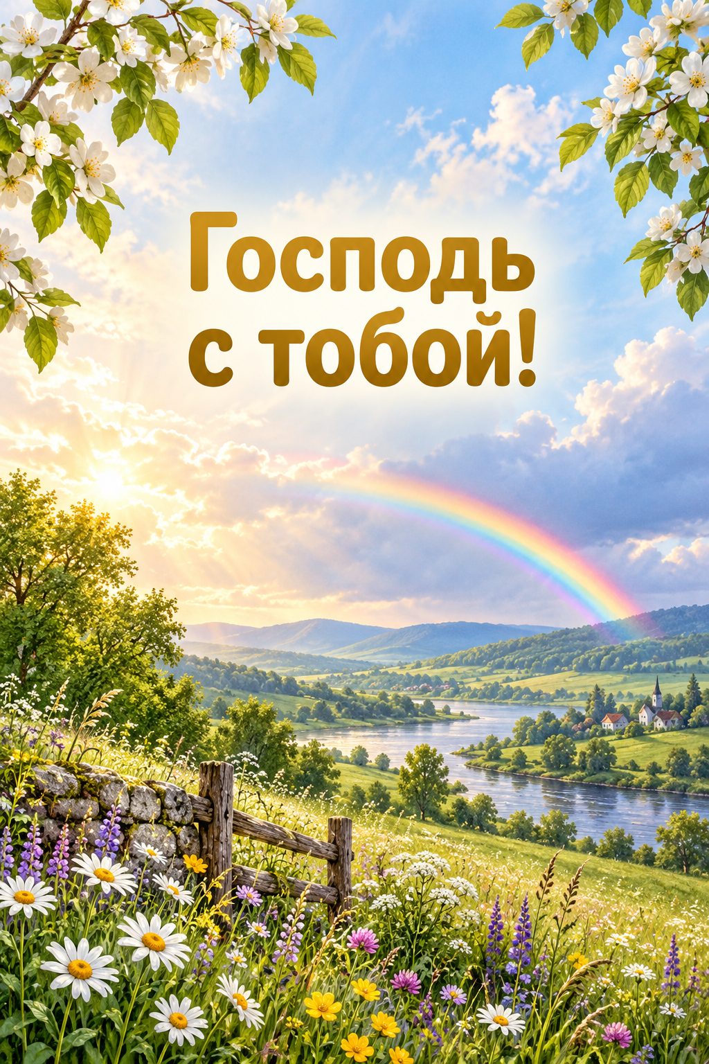 Христианская открытка с днём рождения: радуга над зелёной долиной после дождя, надпись «Господь с тобой!»