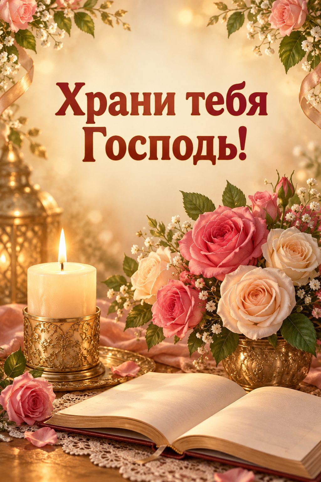 Христианская открытка с днём рождения: горящая свеча, розы и раскрытая книга, надпись «Храни тебя Господь!»