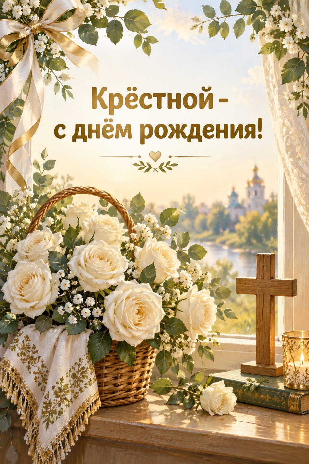 Христианская открытка с днём рождения: корзина белых роз и деревянный крестик на подоконнике, надпись «Крёстной - с днём рождения!»