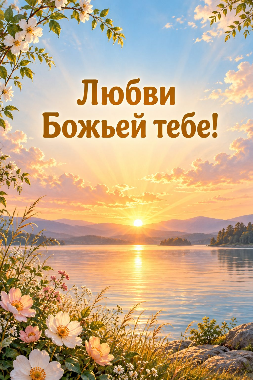 Христианская открытка с днём рождения: рассвет над озером, лучи солнца сквозь облака, надпись «Любви Божьей тебе!»
