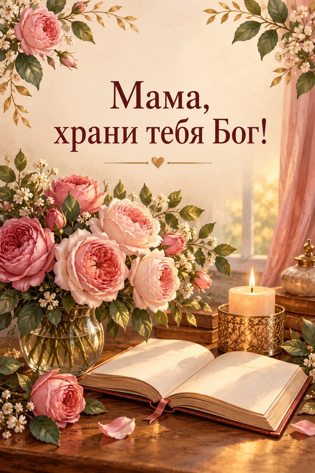 Христианская открытка с днём рождения: садовые розы, раскрытая книга и свеча на столе, надпись «Мама, храни тебя Бог!»