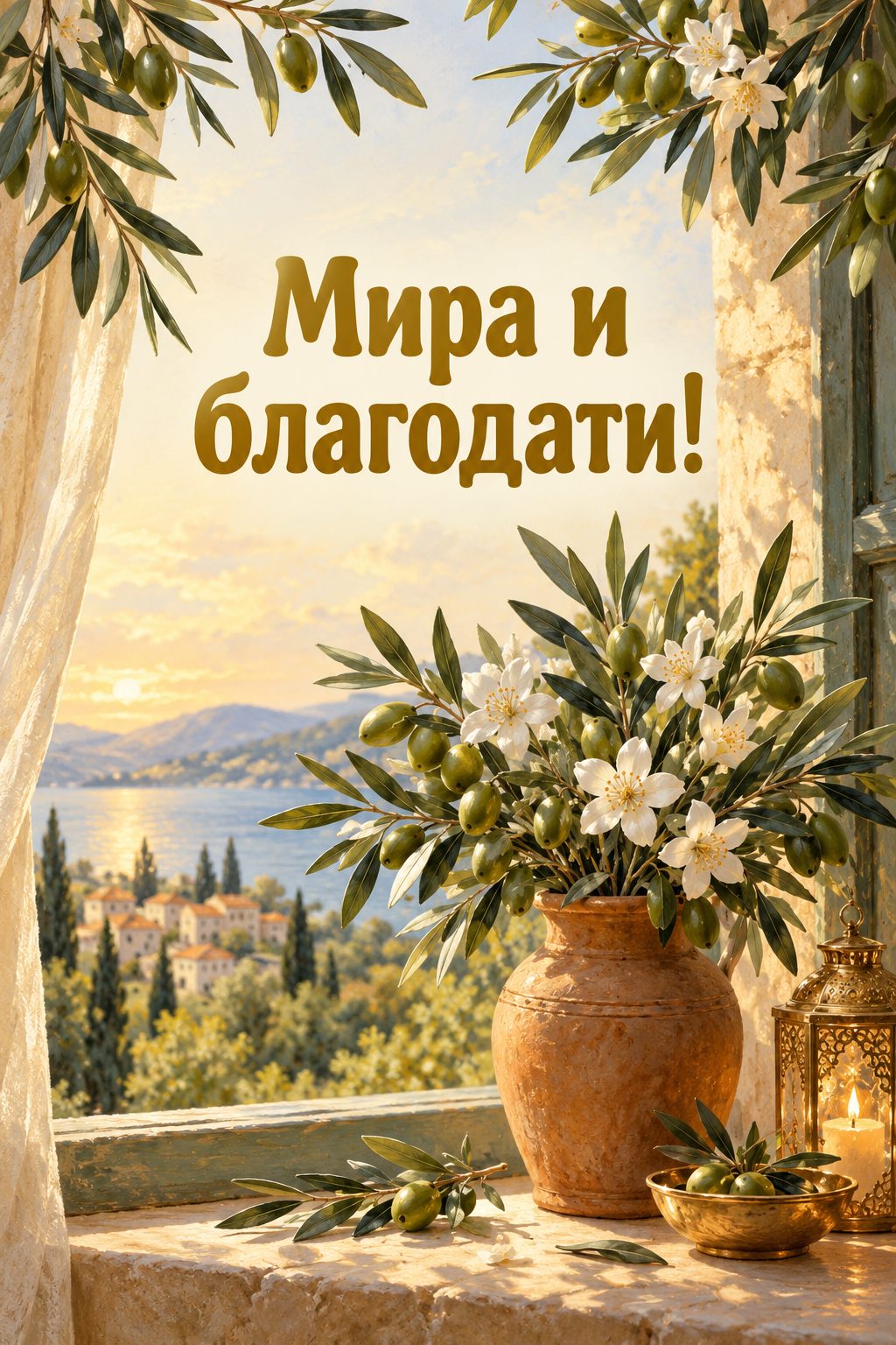 Христианская открытка с днём рождения: оливковая ветвь и белые цветы в глиняной вазе, надпись «Мира и благодати!»