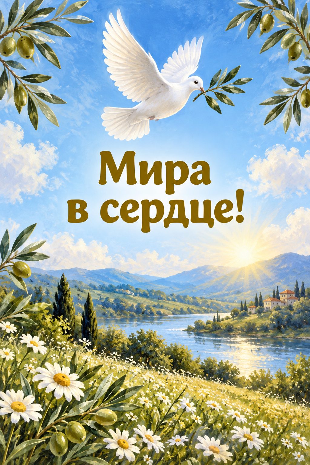 Христианская открытка с днём рождения: белый голубь с оливковой ветвью над лугом, надпись «Мира в сердце!»