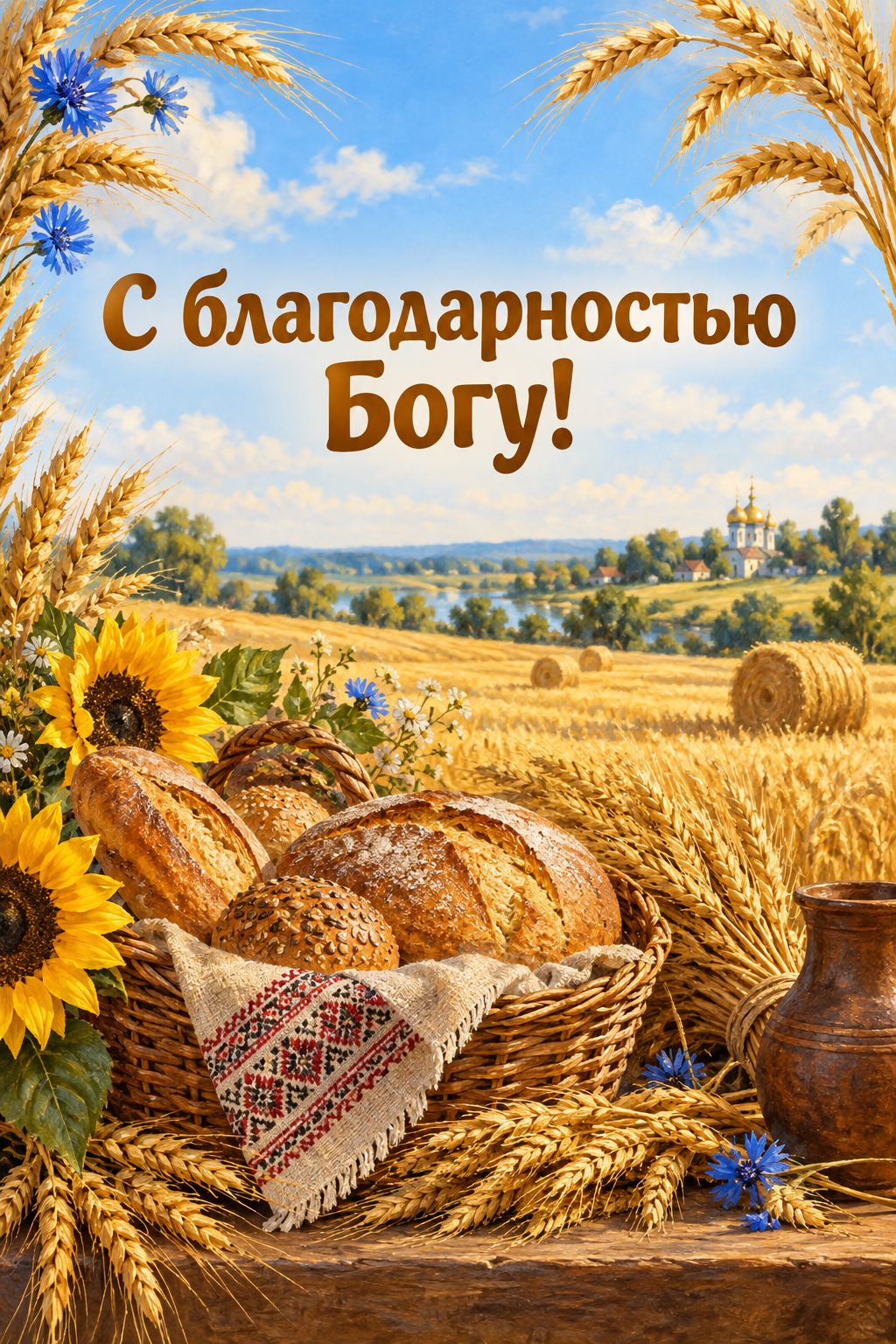 Христианская открытка с днём рождения: пшеничное поле и корзина хлеба, надпись «С благодарностью Богу!»