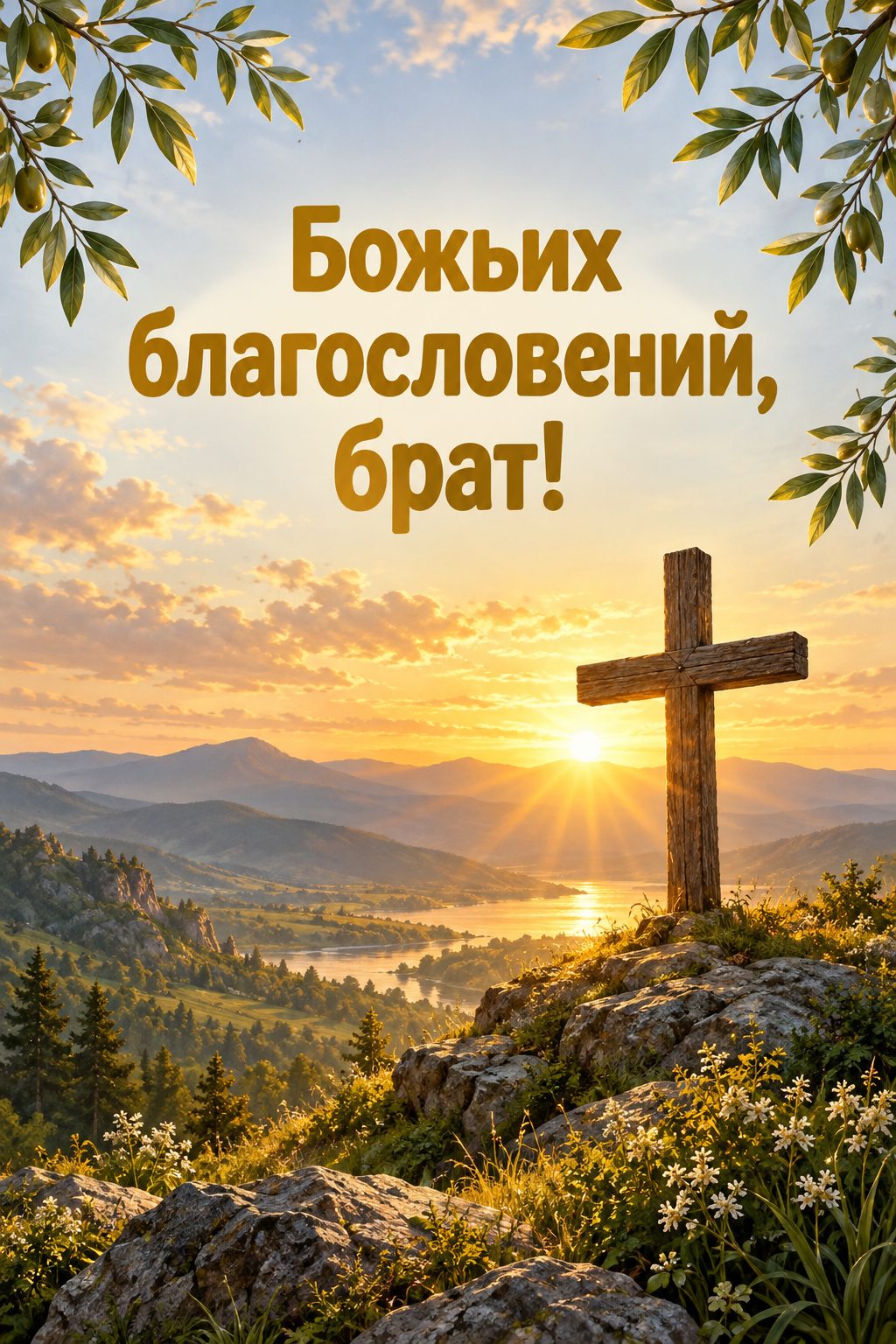 Христианская открытка с днём рождения: деревянный крест на холме на рассвете, надпись «Божьих благословений, брат!»