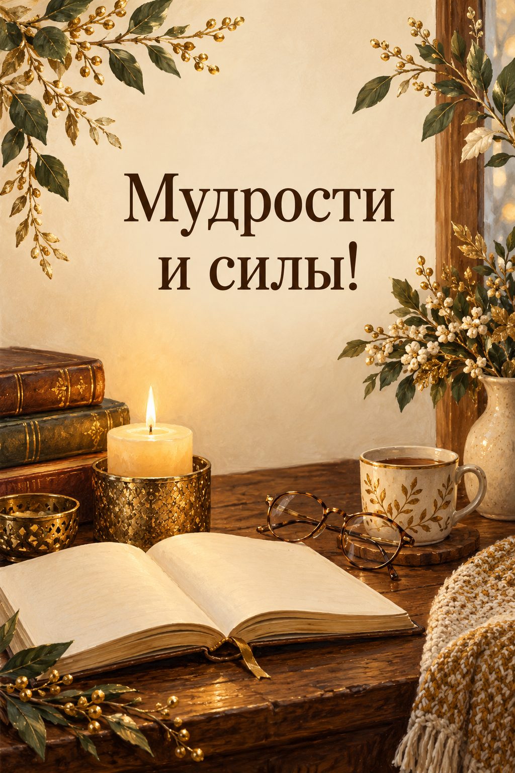 Христианская открытка с днём рождения: раскрытая книга, очки и свеча на деревянном столе, надпись «Мудрости и силы!»