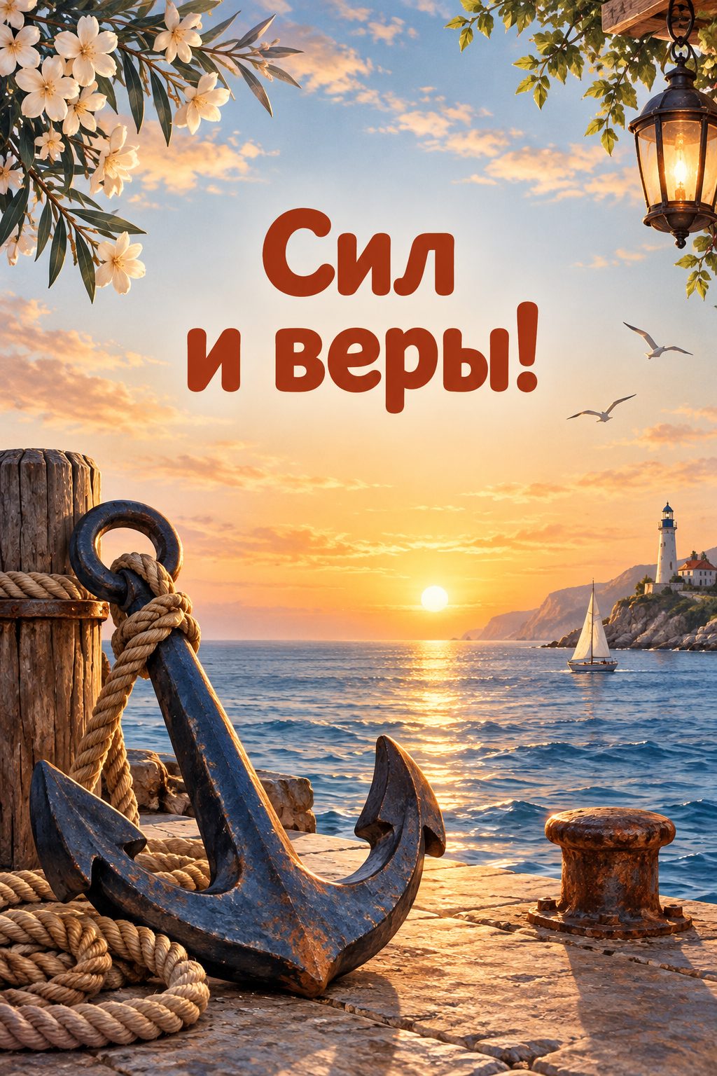 Христианская открытка с днём рождения: якорь с канатом на причале на рассвете, надпись «Сил и веры!»
