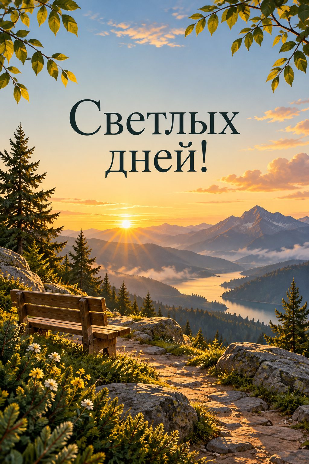 Христианская открытка с днём рождения: горная тропа на рассвете и деревянная скамейка, надпись «Светлых дней!»