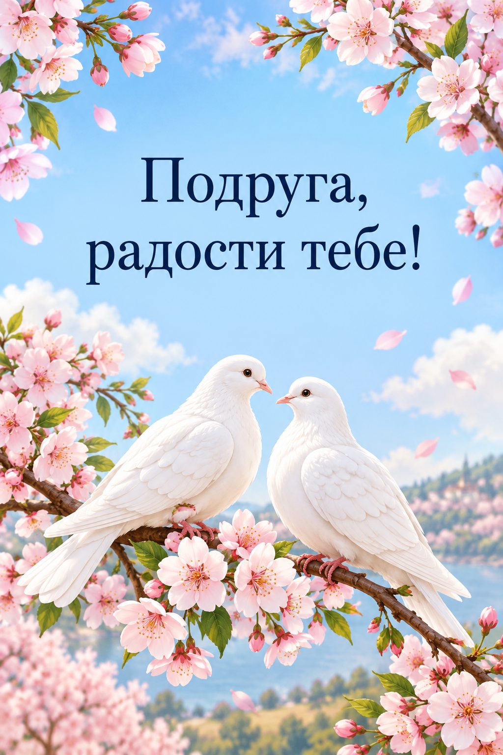 Христианская открытка с днём рождения: два голубя на ветке цветущей вишни, надпись «Подруга, радости тебе!»