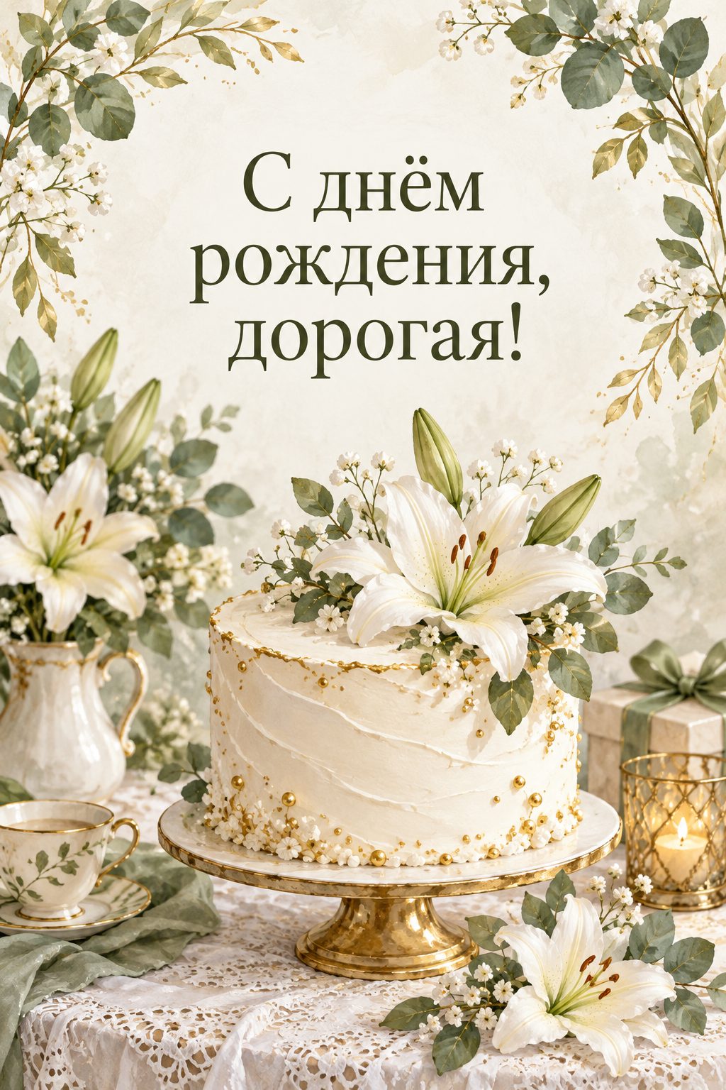 Христианская открытка с днём рождения: белый торт с лилиями на кружевной скатерти, надпись «С днём рождения, дорогая!»