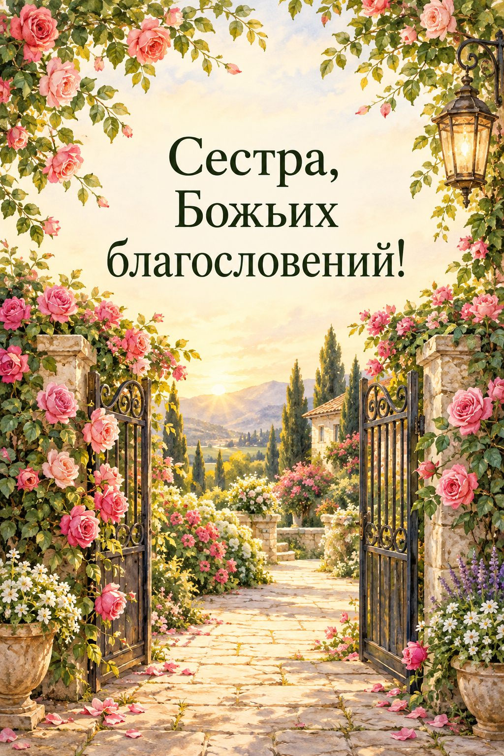 Христианская открытка с днём рождения: калитка в розах и солнечная дорожка, надпись «Сестра, Божьих благословений!»