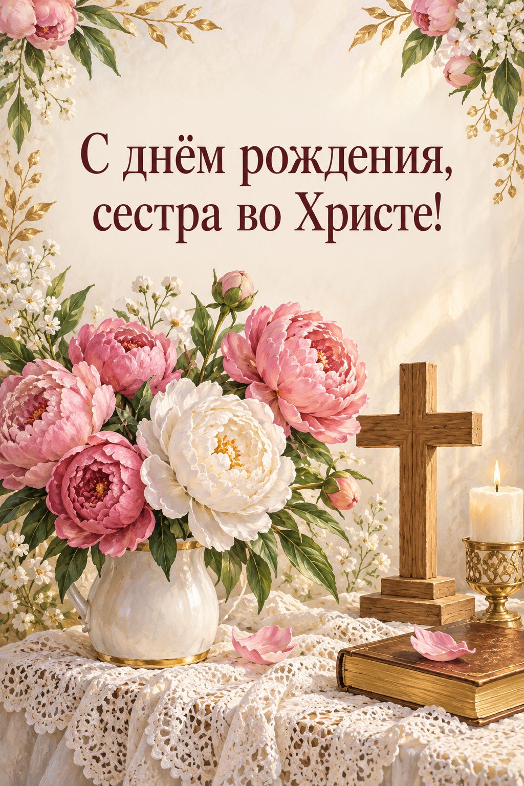 Христианская открытка с днём рождения: букет пионов и простой деревянный крестик на кружеве, надпись «С днём рождения, сестра во Христе!»