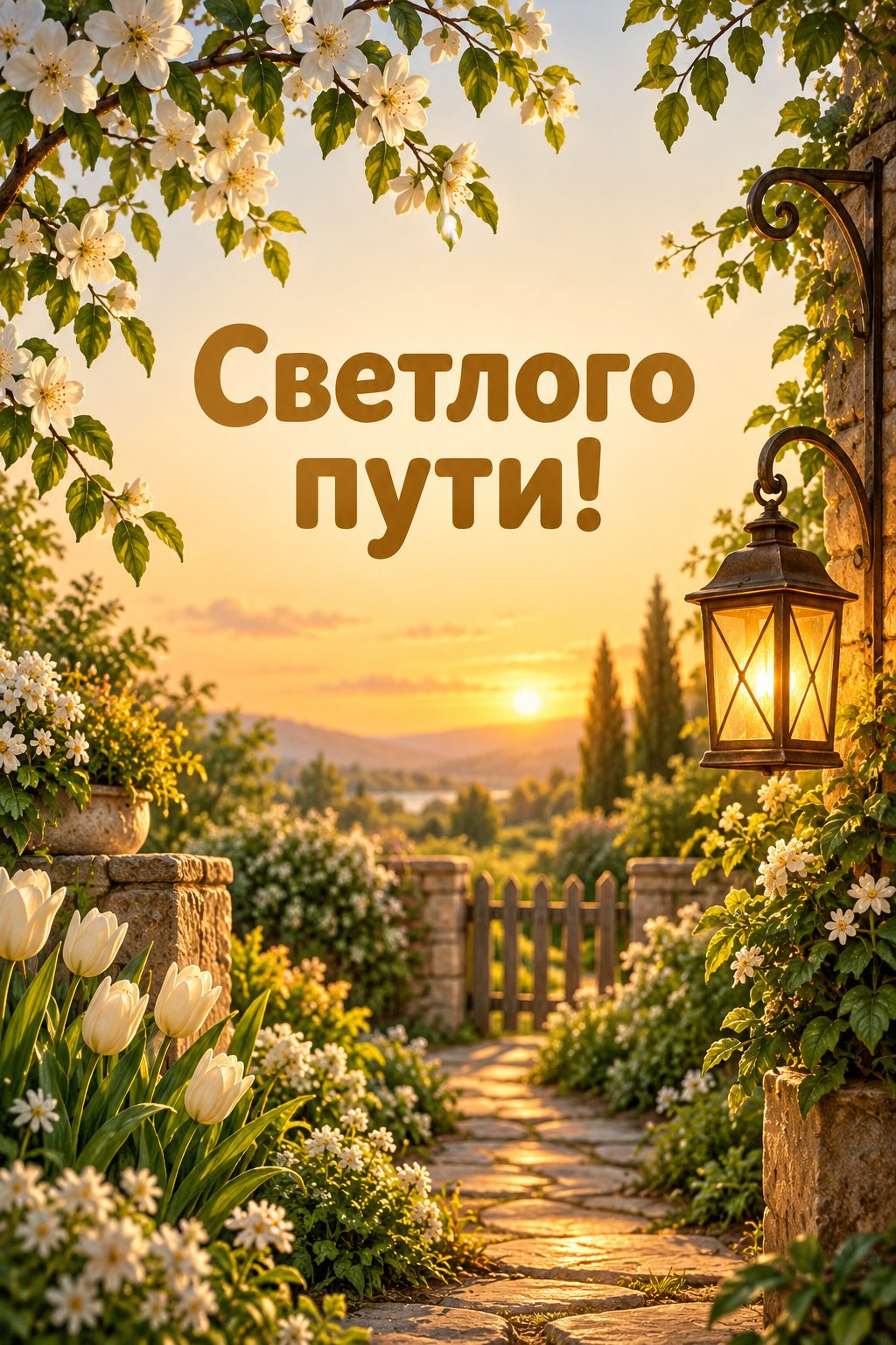 Христианская открытка с днём рождения: фонарь освещает садовую дорожку среди весенних цветов, надпись «Светлого пути!»