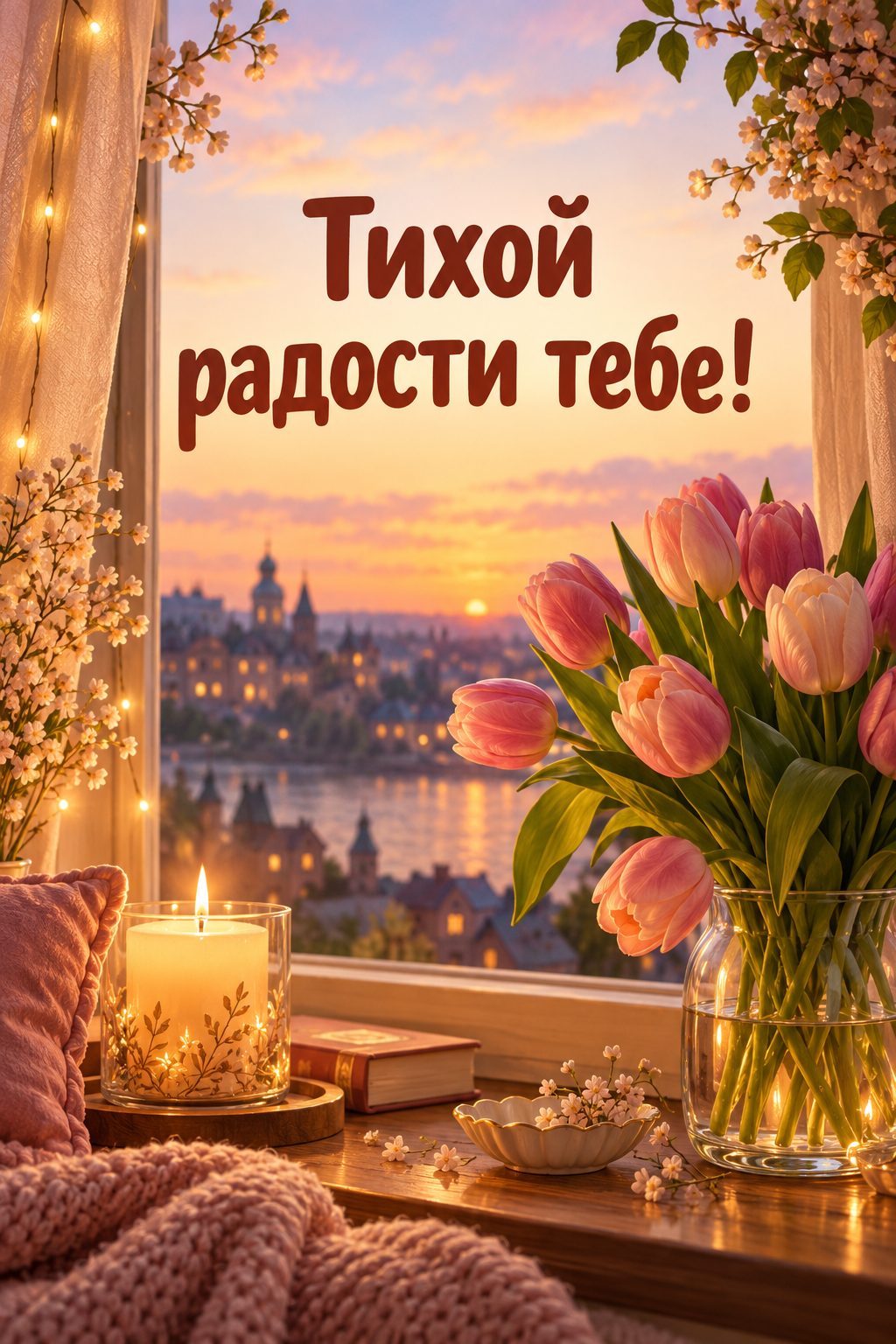 Христианская открытка с днём рождения: окно со свечой и тюльпанами в сумерках, надпись «Тихой радости тебе!»