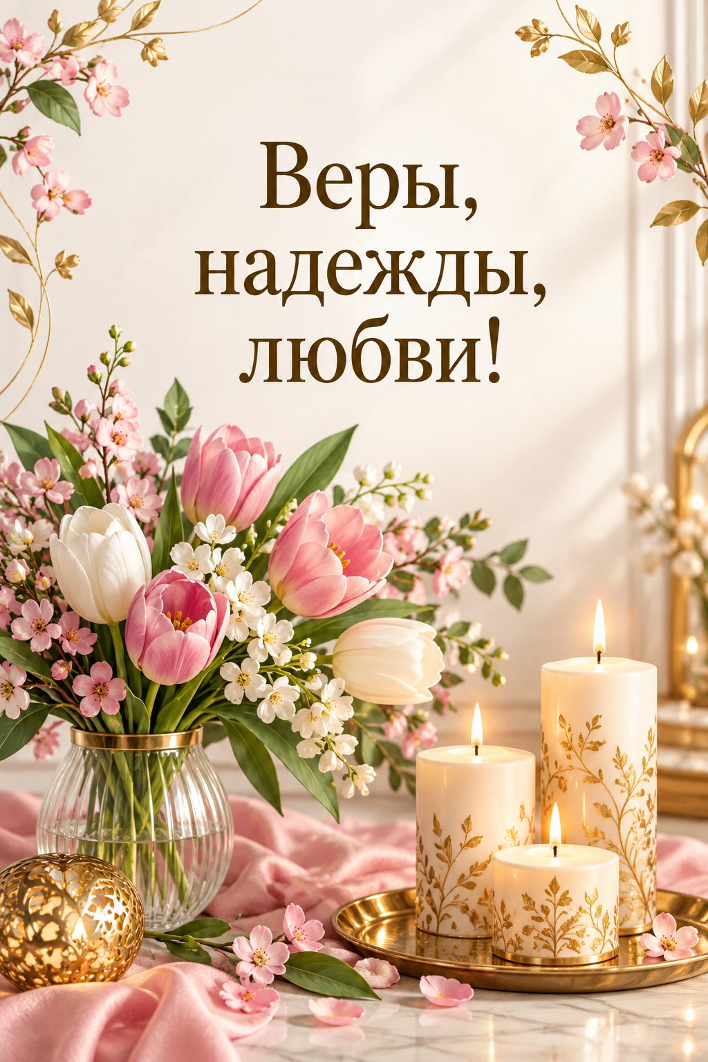 Христианская открытка с днём рождения: три свечи рядом с вазой весенних цветов, надпись «Веры, надежды, любви!»