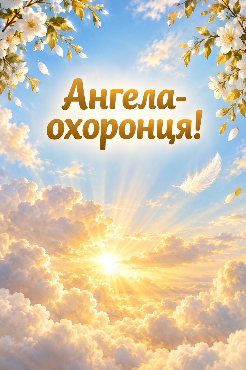 Християнська листівка з днем народження: золоті хмари з променями й біла пір'їнка, напис «Ангела-охоронця!»
