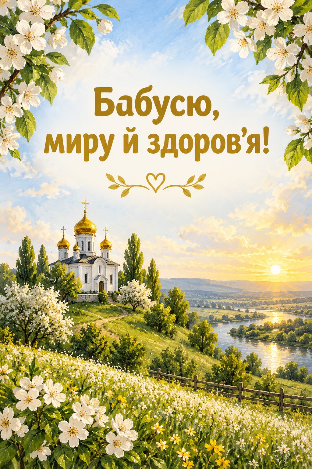Християнська листівка з днем народження: церква з золотими банями на пагорбі серед квітучих полів, напис «Бабусю, миру й здоров'я!»