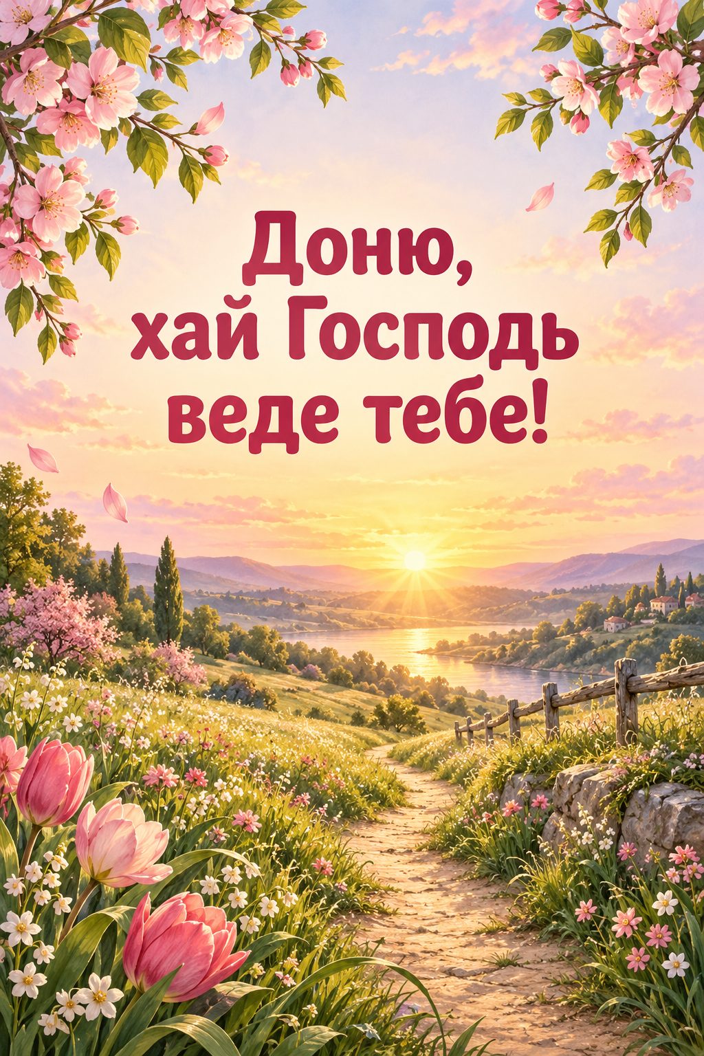 Християнська листівка з днем народження: стежка через весняний луг до світанку, напис «Доню, хай Господь веде тебе!»