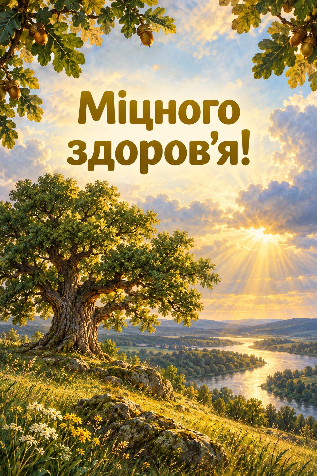 Християнська листівка з днем народження: старий дуб на пагорбі в променях сонця, напис «Міцного здоров'я!»