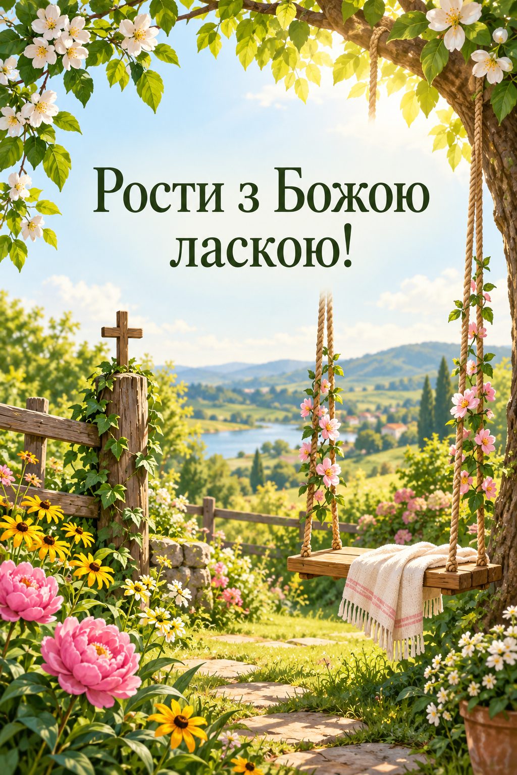 Християнська листівка з днем народження: сонячний сад із гойдалкою, квітами й хрестиком на стовпчику паркану, напис «Рости з Божою ласкою!»