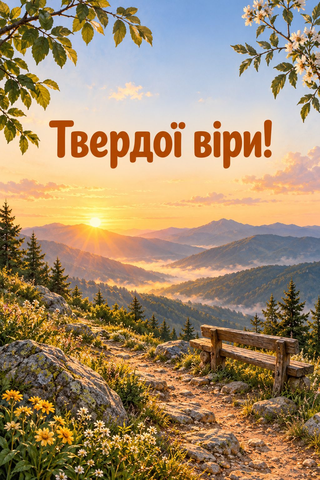 Християнська листівка з днем народження: гірська стежка на світанку й дерев'яна лава, напис «Твердої віри!»