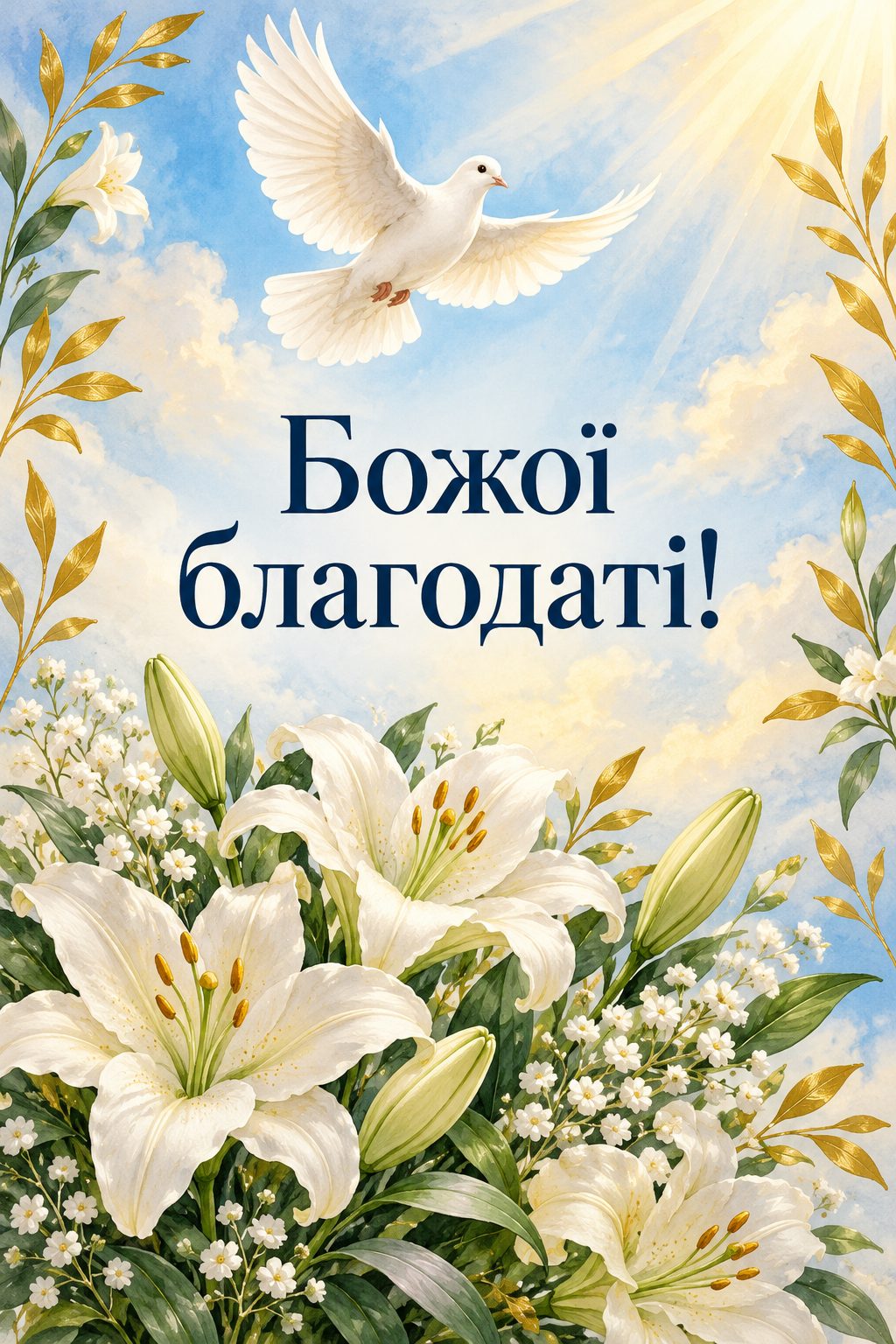 Християнська листівка з днем народження: білий голуб над букетом білих лілій, напис «Божої благодаті!»