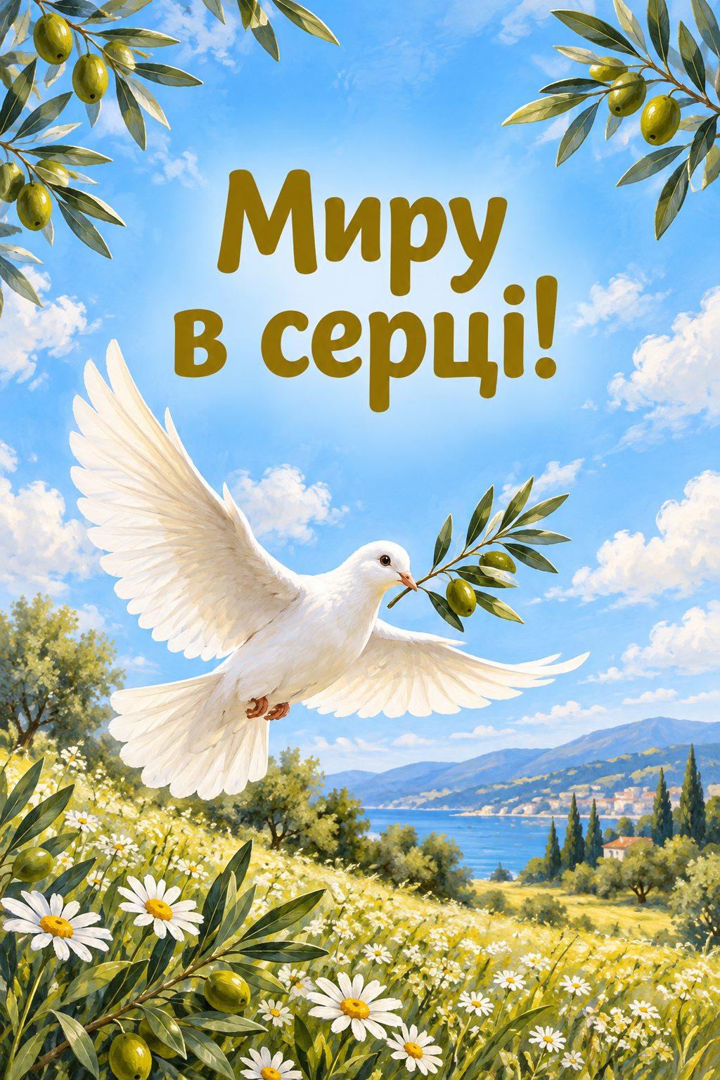 Християнська листівка з днем народження: білий голуб з оливковою гілкою над лугом, напис «Миру в серці!»