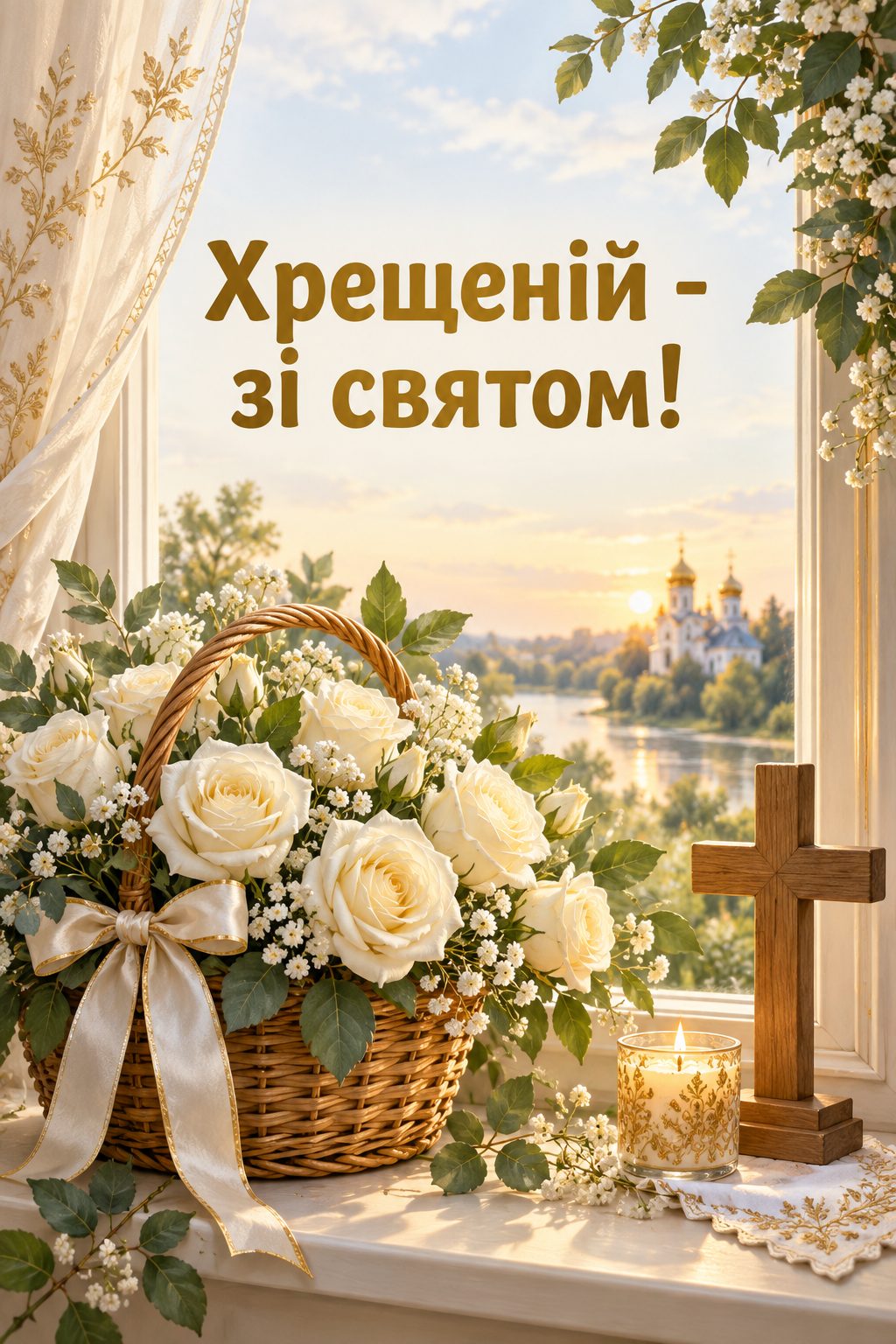 Християнська листівка з днем народження: кошик білих троянд і дерев'яний хрестик на підвіконні, напис «Хрещеній - зі святом!»