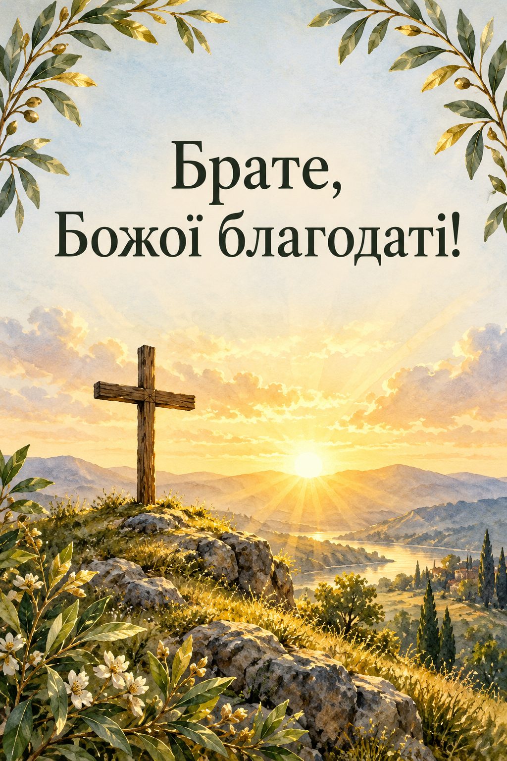Християнська листівка з днем народження: дерев'яний хрест на пагорбі на світанку, напис «Брате, Божої благодаті!»