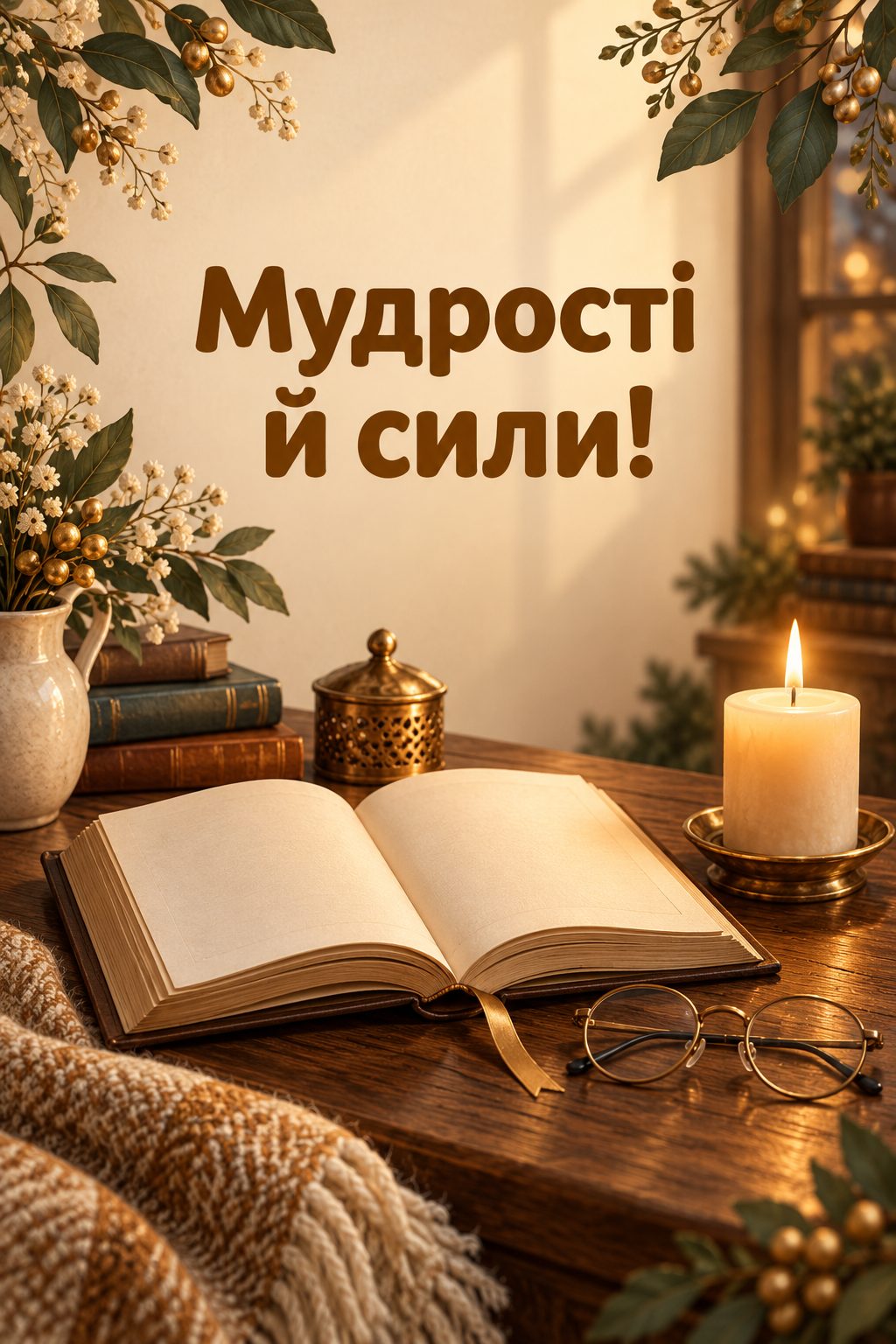 Християнська листівка з днем народження: розгорнута книга, окуляри й свічка на столі, напис «Мудрості й сили!»