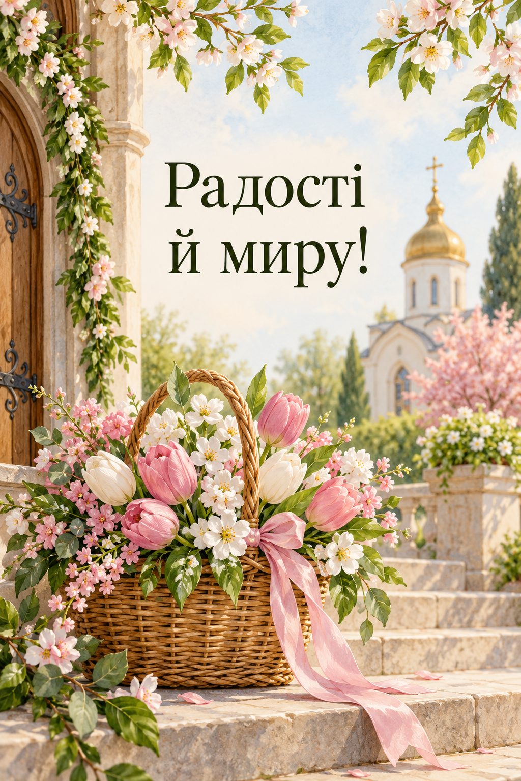Християнська листівка з днем народження: кошик весняних квітів на ґанку церкви, напис «Радості й миру!»