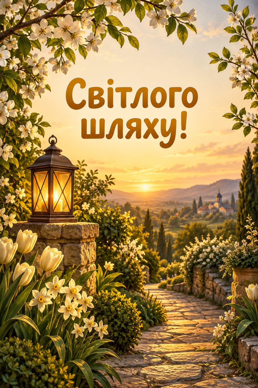 Християнська листівка з днем народження: ліхтар освітлює садову стежку серед весняних квітів, напис «Світлого шляху!»