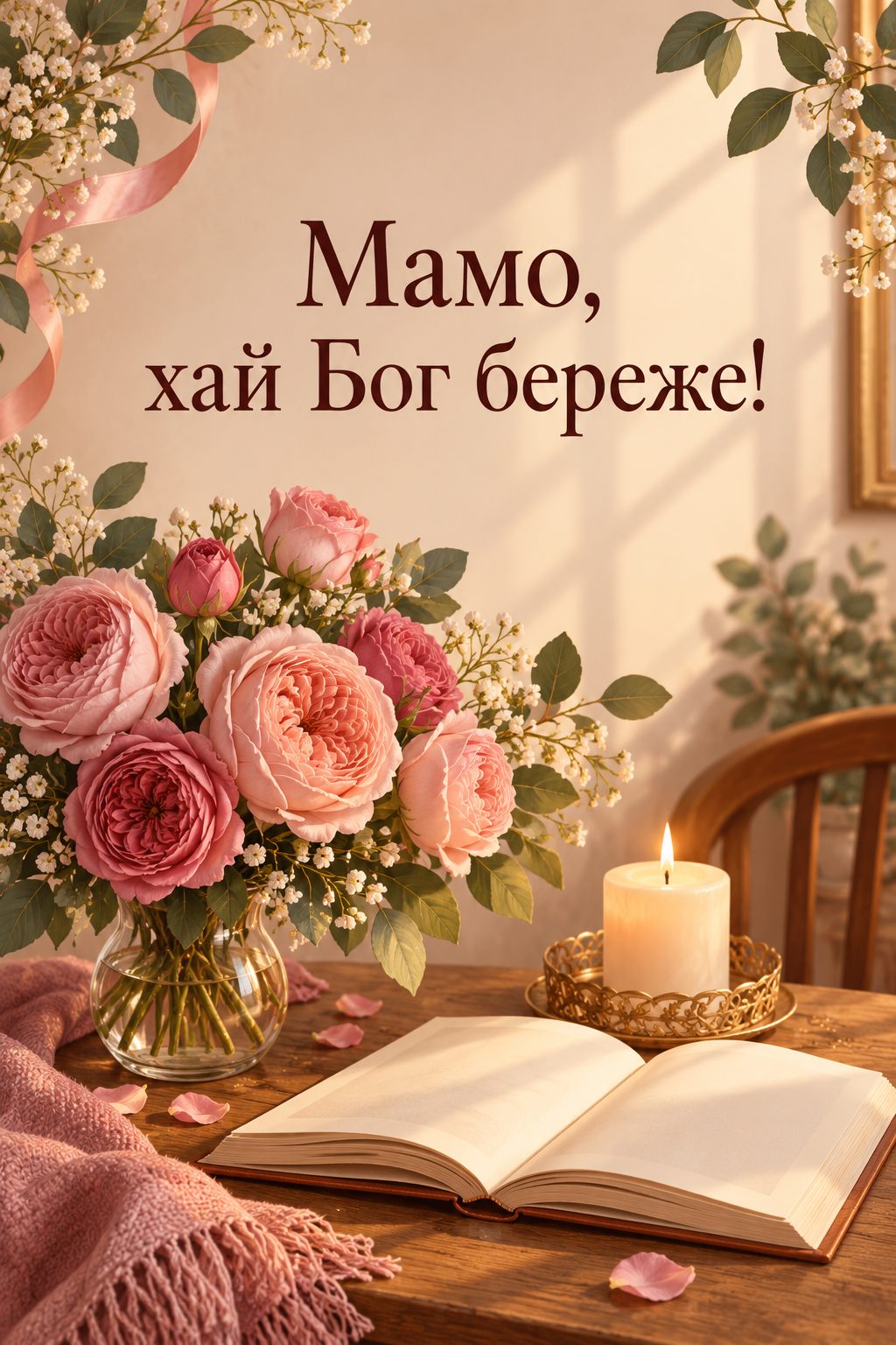 Християнська листівка з днем народження: садові троянди, розгорнута книга й свічка на столі, напис «Мамо, хай Бог береже!»