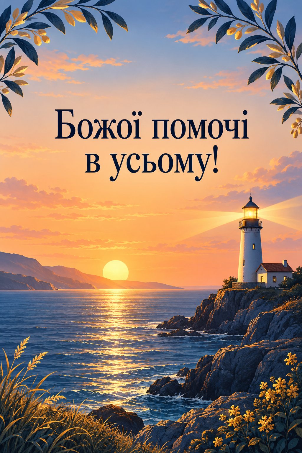 Християнська листівка з днем народження: маяк над спокійним морем на світанку, напис «Божої помочі в усьому!»