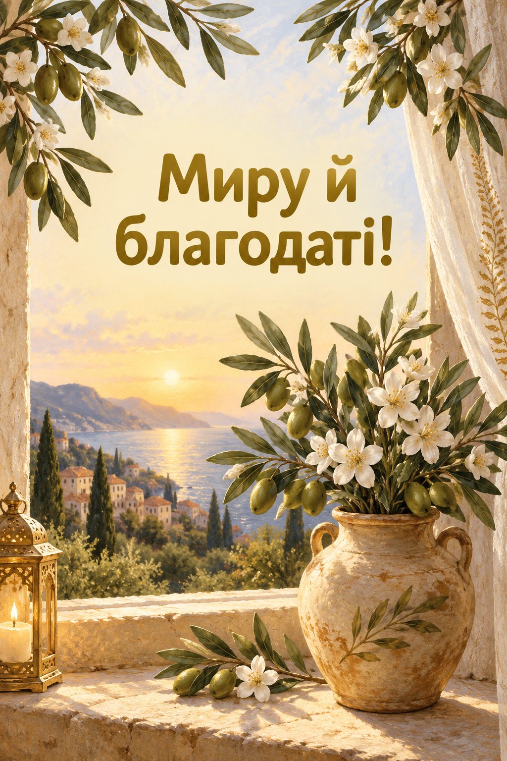 Християнська листівка з днем народження: оливкова гілка й білі квіти в глиняній вазі, напис «Миру й благодаті!»