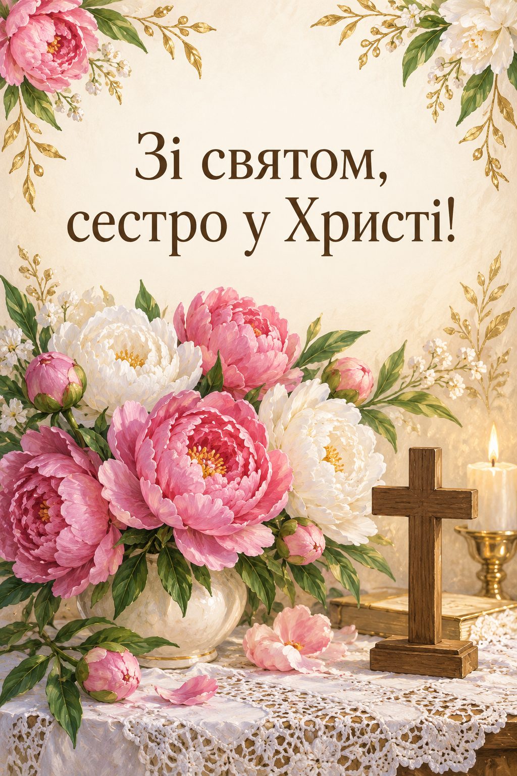 Християнська листівка з днем народження: букет півоній і простий дерев'яний хрестик на мереживі, напис «Зі святом, сестро у Христі!»