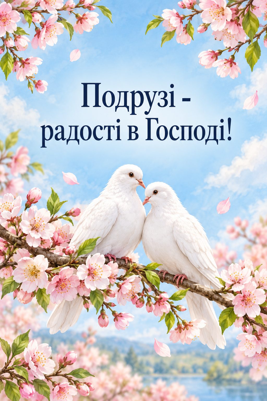 Християнська листівка з днем народження: два голуби на гілці квітучої вишні, напис «Подрузі - радості в Господі!»