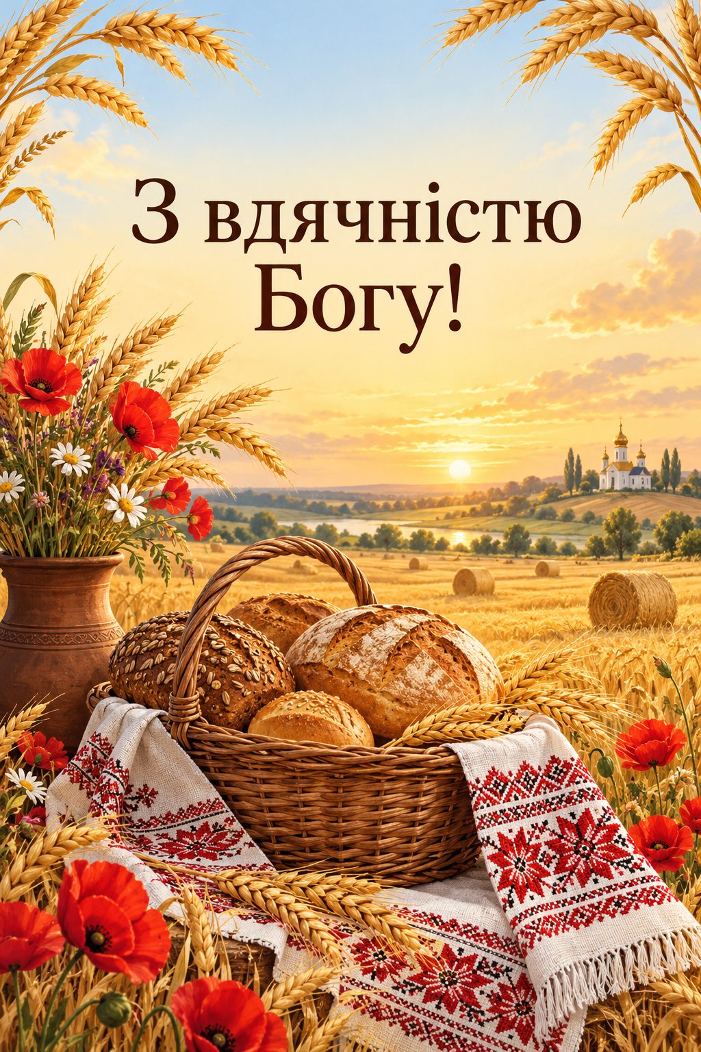Християнська листівка з днем народження: пшеничне поле й кошик хліба на вишитому рушнику, напис «З вдячністю Богу!»
