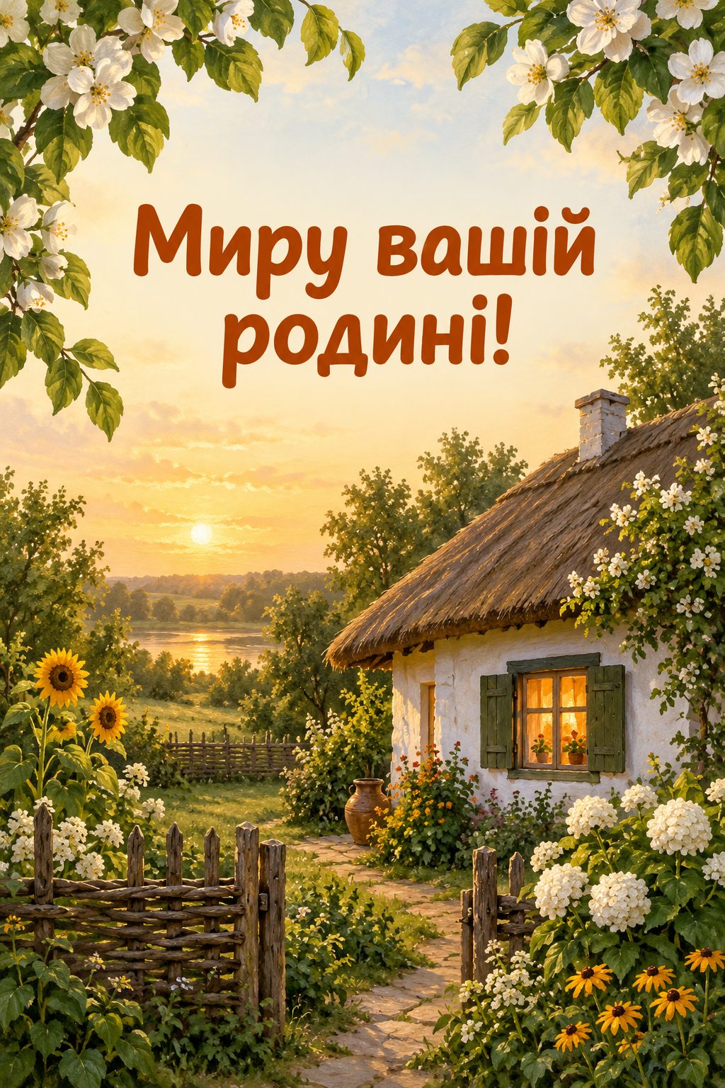 Християнська листівка з днем народження: затишна біла хата з садом і світлом у вікні, напис «Миру вашій родині!»