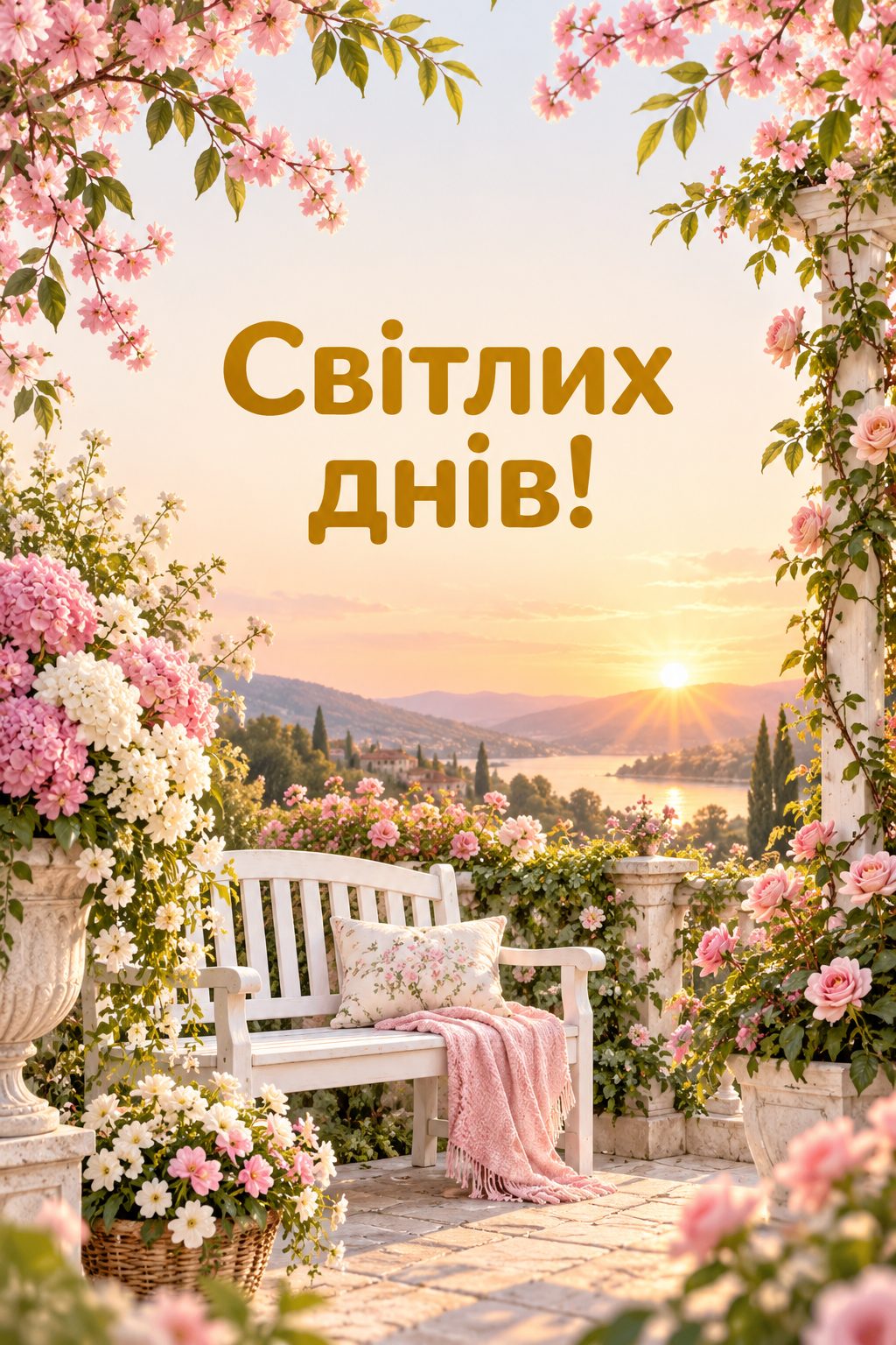 Християнська листівка з днем народження: квітучий сад на світанку й біла лава, напис «Світлих днів!»