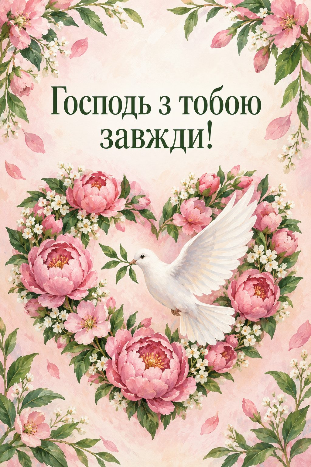 Християнська листівка з днем народження: серце з рожевих квітів і білий голуб, напис «Господь з тобою завжди!»